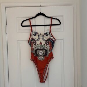 SHEIN Red and White Paisley Bodysuit